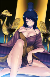 Rule 34 | 1girl, bare shoulders, beads, black hair, breasts, cleavage, hat, japanese clothes, kasai shin, kimono, long legs, one eye closed, prayer beads, sitting, solo, wink
