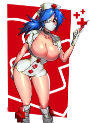 Rule 34 | 1girl, blue hair, border, breasts, choker, cleavage, eyepatch, gloves, hat, highres, large breasts, latex, latex gloves, leaning forward, leg wrap, mask, mouth mask, nurse cap, ponytail, red background, red eyes, skullgirls, solo, surgical mask, syringe, thick thighs, thighs, valentine (skullgirls), white border, wide hips, xdtopsu01