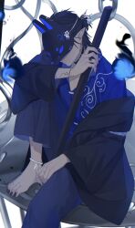 Rule 34 | 1boy, absurdres, anklet, black mask, black nails, blue pants, blue shirt, foot out of frame, fox mask, hakama, hakama pants, half mask, half updo, highres, holding, holding sheath, japanese clothes, jewelry, knee up, long sleeves, male focus, mask, nail polish, open mouth, original, pants, pointy ears, ring, sheath, shirt, short hair, sitting, solo, tan, toenail polish, toenails, tsuki mitsu, wide sleeves