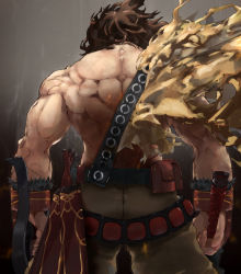 Rule 34 | 1boy, ass, bare back, bow (weapon), brown hair, brown pants, crossbow, fate/grand order, fate (series), from behind, holding, holding weapon, kdm (ke dama), looking away, male focus, messy hair, muscular, muscular male, super orion (fate), pants, short hair, single bare shoulder, solo, weapon, wind