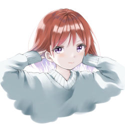 Rule 34 | 1girl, artist name, artist request, blush, collared sweater, female focus, fixing hair, grey sweater, hair between eyes, hinami riku, looking at viewer, love live!, love live! school idol project, nishikino maki, parted lips, purple eyes, red hair, short hair, solo, sweater, wave hair, white background
