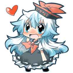Rule 34 | 1girl, blue dress, blue eyes, blue hair, blush, chibi, dress, expressive clothes, hat, heart, kamishirasawa keine, long hair, lowres, matching hair/eyes, multicolored hair, neckerchief, open mouth, rebecca (keinelove), shirt, short sleeves, silver hair, simple background, smile, solo, touhou, two-tone hair, very long hair, white background