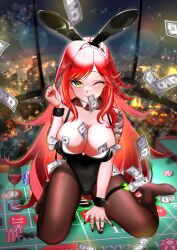 Rule 34 | 1girl, akimoto8, alcohol, animal ears, black leotard, black nails, black wrist cuffs, blonde hair, breasts, city lights, cityscape, commission, covered navel, cup, drinking glass, elly (vtuber), fake animal ears, finger tattoo, green eyes, highres, indie virtual youtuber, kneeling, large breasts, leotard, long hair, money, money between breasts, mouth hold, multicolored hair, one eye closed, pantyhose, playboy bunny, poker chip, red hair, red wine, roulette table, skeb commission, solo, sparkle, streaked hair, table, tattoo, tucked money, virtual youtuber, window, wine, wine glass, wrist cuffs