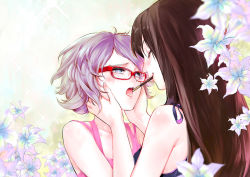 Rule 34 | 2girls, blue eyes, blush, brown hair, closed eyes, female focus, flower, food, glasses, hands on another&#039;s cheeks, hands on another&#039;s face, light purple hair, lily (flower), looking at another, multiple girls, open mouth, original, patipat asavasena, pocky, pocky kiss, shared food, short hair, silver hair, sparkle, yuri
