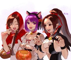 Rule 34 | 3girls, alternate costume, animal ears, artist request, asamiya athena, braid, breasts, brown eyes, brown hair, cat ears, cleavage, costume, closed eyes, fake animal ears, fangs, female focus, halloween, halloween bucket, halloween costume, jack-o&#039;-lantern, large breasts, long hair, matching hair/eyes, medium breasts, multiple girls, nail polish, ponytail, purple eyes, purple hair, shiranui mai, small breasts, smile, snk, source request, the king of fighters, the king of fighters xv, vampire costume, yuri sakazaki