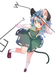 Rule 34 | 1girl, animal ears, blue capelet, blush, brown footwear, capelet, dowsing rod, dress, gold trim, grey dress, grey hair, grey skirt, grey vest, jewelry, layered clothes, loafers, mouse ears, mouse girl, mouse tail, nazrin, pendant, red eyes, shoes, short hair, simple background, skirt, skirt set, socks, solo, tail, take no ko (4919400), teeth, thick eyebrows, touhou, vest, white background, white socks