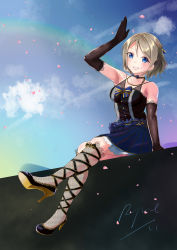 Rule 34 | 1girl, absurdres, artist name, artist request, bare legs, bare shoulders, black dress, black footwear, black gloves, black high heels, blue bow, blue eyes, blue skirt, blue sky, blush, bow, bow choker, braid, breasts, cleavage, cloud, collarbone, crown braid, dress, elbow gloves, female focus, fishnet legwear, fishnets, full body, gloves, grey hair, hair bow, high heels, highres, idol, jewelry, lace trim, large breasts, light brown hair, looking at viewer, love live!, love live! school idol festival, love live! sunshine!!, medium breasts, bowtie, necklace, necktie, outdoors, parted lips, pearl necklace, petals, pink petals, ribbon-trimmed legwear, ribbon trim, rp0ku, rpku, short hair, sitting, skirt, sky, smile, solo, strap slip, striped, striped bow, watanabe you