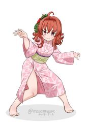 Rule 34 | 1girl, ahoge, arashi (kancolle), barefoot, commentary request, dated, flower, full body, hair flower, hair ornament, japanese clothes, kamen rider, kamen rider amazon, kamen rider amazon (series), kantai collection, kimono, looking at viewer, masara (chuujou), mask, messy hair, one-hour drawing challenge, pink kimono, print kimono, red eyes, red hair, simple background, smile, solo, twitter username, white background