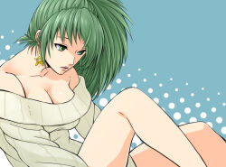 Rule 34 | 1girl, blue background, breasts, cleavage, closed mouth, commentary request, earrings, green eyes, green hair, jewelry, large breasts, long sleeves, off-shoulder sweater, off shoulder, ponytail, rao ruki, solo, sonika, star (symbol), star earrings, sweater, thighs, vocaloid