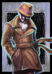 Rule 34 | 1boy, ascot, buttons, coat, dc comics, double-breasted, fedora, hands in pockets, hat, inkblot, male focus, mask, pants, rain, realistic, rorschach, scarf, senkon, solo, standing, trench coat, watchmen