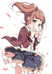 Rule 34 | blazer, blue skirt, blush, bow, bowtie, brown eyes, brown hair, brown jacket, checkered clothes, checkered skirt, covering own mouth, envelope, frilled shirt, frilled skirt, frills, hair bow, hands up, heart, holding, holding envelope, idolmaster, idolmaster cinderella girls, idolmaster cinderella girls starlight stage, igarashi kyoko, jacket, kuresuku (lessons), letter, long hair, long sleeves, looking at viewer, love letter, love letter (idolmaster), open clothes, open jacket, petals, red bow, red bowtie, shirt, side ponytail, sidelocks, sideways glance, skirt, solo, thighs, translation request, white background, white shirt, wind
