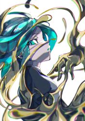 Rule 34 | 1other, absurdres, androgynous, commentary request, crystal hair, from side, gem uniform (houseki no kuni), golden arms, green eyes, green hair, highres, houseki no kuni, huge filesize, looking at viewer, molten metal, natsume hinako, open mouth, phosphophyllite, short hair, simple background, solo, white background