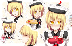 Rule 34 | 3girls, apron, blonde hair, blue hair, blush, brown hair, embarrassed, expressions, closed eyes, female focus, food, gift, hat, holding, holding gift, incoming gift, kazetto, lunasa prismriver, lyrica prismriver, merlin prismriver, multiple girls, pocky, short hair, touhou, translated, tsundere, valentine, yellow eyes