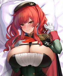 Rule 34 | 1girl, absurdres, azur lane, b-pang, bed sheet, breasts, cape, cleavage, closed mouth, dakimakura (medium), epaulettes, gloves, highres, huge breasts, looking at viewer, lying, on back, pillow, red eyes, red hair, smile, solo, twintails, upper body, white gloves, zara (azur lane)