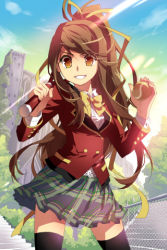 Rule 34 | 1girl, blazer, bow, brown eyes, brown hair, castle, chain-link fence, dress shirt, fence, hair ribbon, looking at viewer, lowres, plaid, plaid skirt, pleated skirt, ponytail, racket, ribbon, school uniform, shirt, skirt, smile, solo, stairs, sword girls, tennis racket, thighhighs
