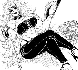 Rule 34 | 1girl, abs, bad id, bb (baalbuddy), belt collar, big hair, book, bracelet, closed mouth, collar, commentary, crossed legs, english commentary, eyeliner, eyeshadow, greyscale, high heels, highleg, highleg panties, highres, holding, holding book, inactive account, jewelry, lipstick, long hair, looking at viewer, makeup, monochrome, muscular, muscular female, navel, open book, panties, pants, queen&#039;s blade, risty (queen&#039;s blade), risty (queen's blade), sitting, solo, tiara, underwear, very long hair, wilderness bandit risty, wristband