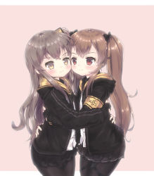 Rule 34 | 2girls, bad id, bad pixiv id, black bow, black gloves, black hoodie, black pantyhose, black skirt, blush, bow, brown background, brown eyes, brown hair, cheek-to-cheek, closed mouth, commentary request, dress shirt, eye contact, fingerless gloves, foreign blue, girls&#039; frontline, gloves, hair bow, heads together, hood, hood down, hoodie, hug, long hair, long sleeves, looking at another, multiple girls, mutual hug, one side up, open clothes, open hoodie, pantyhose, pleated skirt, red eyes, shirt, siblings, sidelocks, simple background, sisters, skirt, smile, twins, twintails, ump45 (girls&#039; frontline), ump9 (girls&#039; frontline), very long hair, white shirt
