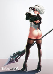 Rule 34 | 1girl, ass, back, back cutout, black thighhighs, blindfold, blindfold lift, boots, clothing cutout, feather-trimmed sleeves, from behind, full body, grey background, high heel boots, high heels, highres, holding, holding polearm, holding weapon, leotard, looking at viewer, looking back, mole, mole under mouth, newash, nier (series), nier:automata, polearm, silver hair, simple background, skindentation, solo, spear, standing, thigh boots, thighhighs, thighhighs under boots, weapon, 2b (nier:automata)