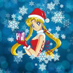 Rule 34 | 1girl, absurdres, bishoujo senshi sailor moon, blonde hair, blue background, blue eyes, box, christmas, earrings, gift, gift box, gloves, highres, huge filesize, jewelry, lipstick, long hair, looking at viewer, makeup, pink lips, red gloves, riccardo bacci, santa costume, smile, snowflakes, solo, tsukino usagi, twintails, upper body