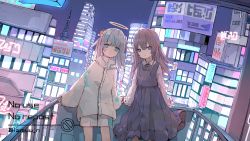Rule 34 | 2girls, absurdres, against railing, aiamu iamu, aqua eyes, artist name, black dress, blue eyes, brown hair, city, cityscape, clothing request, coat, commentary, commentary request, dress, english text, grey hair, halo, highres, against railing, looking at viewer, multiple girls, neon lights, original, railing, shorts, signature, standing, tower, white coat, white shorts