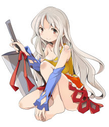 Rule 34 | 1girl, absurdres, bare shoulders, barefoot, blue sleeves, closed mouth, dress, full body, grey hair, hidden star in four seasons, highres, holding, holding knife, holding weapon, knife, long hair, looking at viewer, mukuroi, multicolored clothes, multicolored dress, orange dress, orange eyes, sakata nemuno, simple background, smile, solo, toes, touhou, weapon, white background, yellow dress