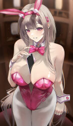 Rule 34 | 1girl, absurdres, animal ears, bare shoulders, blush, bow, bowtie, breasts, cellphone, cleavage, detached collar, elvandec, fake animal ears, goddess of victory: nikke, highres, horns, large breasts, leotard, light brown hair, long hair, looking at viewer, nail polish, pantyhose, phone, pink eyes, pink leotard, playboy bunny, rabbit ears, smile, solo, strapless, strapless leotard, viper (nikke), viper (toxic rabbit) (nikke), wrist cuffs