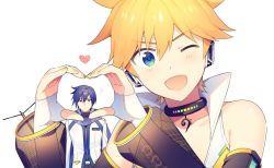 Rule 34 | 2boys, ?, bare shoulders, bass clef, black sleeves, blonde hair, blue eyes, blue hair, blue scarf, coat, collar, detached sleeves, forced perspective, headphones, heart, heart hands, kagamine len, kagamine len (append), kaito (vocaloid), kaito (vocaloid3), looking at viewer, male focus, multiple boys, one eye closed, open mouth, scarf, see-through, see-through sleeves, sinaooo, smile, symbol-only commentary, upper body, v-shaped eyebrows, vocaloid, vocaloid append, white background, white coat