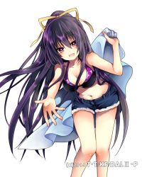 Rule 34 | 1girl, :d, bikini, bikini top only, black bikini, blue shorts, blush, breasts, cleavage, collarbone, date a live, floating hair, fur trim, hair between eyes, hair ribbon, hibiki mio, holding, leaning forward, long hair, looking at viewer, medium breasts, navel, open mouth, outstretched arm, ponytail, purple eyes, purple hair, ribbon, shiny skin, short shorts, shorts, simple background, smile, solo, standing, stomach, swimsuit, very long hair, white background, yatogami tooka, yellow ribbon