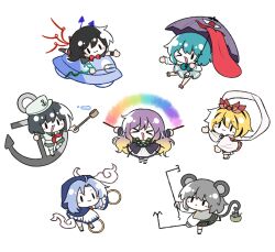 6+girls absurdres anchor anchor_symbol animal_ears asymmetrical_wings black_dress black_hair black_thighhighs blonde_hair blue_hair blue_vest blue_wings bow bowtie chibi chibi_only dress gradient_hair hair_ornament hat highres hijiri_byakuren hood houjuu_nue kirby_(tiokirby) kumoi_ichirin layered_dress long_hair mouse_ears multicolored_hair multiple_girls murasa_minamitsu nazrin polearm purple_hair purple_umbrella red_bow red_bowtie red_wings sailor sailor_collar sailor_hat sailor_shirt shirt short_hair skirt smile tatara_kogasa thighhighs toramaru_shou touhou trident ufo umbrella vest weapon wings