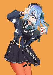Rule 34 | 1girl, absurdres, apple juice, belt, beret, bespectacled, black hair, black hat, black skirt, blue eyes, blue hair, blue jacket, bow, bow earrings, breasts, choker, drop earrings, earrings, fingernails, glasses, grin, hand up, hat, highres, hololive, hoshimachi suisei, hoshimachi suisei (streetwear), j yak47, jacket, jewelry, juice, juice box, lace, lace choker, leaning forward, long hair, looking at viewer, nail polish, o-ring, o-ring thigh strap, orange background, orange nails, orange pantyhose, padded jacket, pantyhose, partially unzipped, side ponytail, simple background, skirt, small breasts, smile, solo, star (symbol), star choker, thigh strap, thighs, v, virtual youtuber, wavy hair