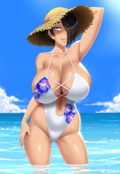 Rule 34 | 1girl, arm behind head, bikini, blue eyes, blue sky, breasts, cloud, commentary, english commentary, floral print, flower, hand on own hip, hat, huge breasts, ocean, one-piece swimsuit, original, saya (twrlare), sky, solo, submerged, summer, sun hat, swimsuit, thighs, twrlare, wading