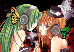 Rule 34 | 2girls, blue eyes, bow, bug, butterfly, butterfly hair ornament, butterfly wings, closed eyes, couple, dress, green hair, hair ornament, hat, headphones, hibiki mio, higurashi no naku koro ni, holding hands, insect, insect wings, long hair, looking at another, magnet (vocaloid), multiple girls, music, nail polish, orange hair, ponytail, red nails, ryuuguu rena, short hair, singing, sonozaki mion, top hat, vocaloid, wings, yuri