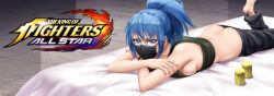 Rule 34 | 1girl, absurdres, ass, barefoot, bed, blue eyes, blue hair, breasts, butt crack, highres, large breasts, leona heidern, mask, nail polish, ponytail, sideboob, snk, solo, the king of fighters, the king of fighters all-stars