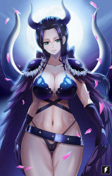Rule 34 | 1girl, beast pirates uniform, black hair, blue eyes, breasts, cameltoe, cape, cleavage, cleft of venus, collarbone, costume, curvy, fake horns, female focus, fingernails, gloves, hair ornament, hair ribbon, hand on own hip, highres, hip bones, horns, large breasts, long hair, looking at viewer, moon, navel, nico robin, one piece, ponytail, ribbon, shoulder pads, smile, swimsuit, teng zhai zi, thigh gap, thighs