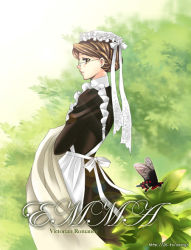Rule 34 | 00s, 1girl, apron, bug, butterfly, emma, emma (victorian romance emma), glasses, green theme, hair up, hat, insect, maid, maid apron, maid headdress, mob cap, plant, solo, tori (toriko50), victorian romance emma