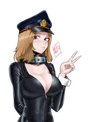 Rule 34 | 1girl, absurdres, blonde hair, blush, bodysuit, boku no hero academia, breasts, brown eyes, cleavage, damobelmont, hat, highres, large breasts, lips, long hair, looking at viewer, parted lips, partially unzipped, smile, solo, utsushimi kemii, v, white background, wrist cuffs