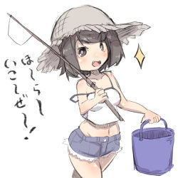 Rule 34 | 1girl, :d, bad id, bad pixiv id, bare arms, bare shoulders, blue shorts, blush, breasts, brown eyes, brown hair, bucket, camisole, collarbone, fang, fishing line, fishing rod, hat, highres, holding, holding bucket, holding fishing rod, kantai collection, long hair, medium breasts, midriff, miyuki (kancolle), navel, open mouth, short shorts, shorts, simple background, smile, solo, sparkle, strap slip, straw hat, translation request, u-non (annon&#039;an), white background, white camisole