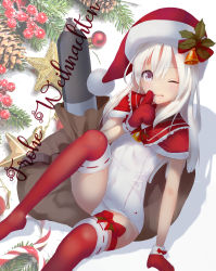 Rule 34 | 1girl, absurdres, bell, blue eyes, blush, breasts, capelet, christmas, christmas ornaments, commentary, covered navel, finger to mouth, flower, fur-trimmed headwear, fur trim, gloves, hair flower, hair ornament, hat, highres, holly, kantai collection, long hair, looking at viewer, merry christmas, moeufocatcher, one-piece swimsuit, one-piece tan, one eye closed, open mouth, red capelet, red gloves, ribbon, ro-500 (kancolle), sack, santa costume, santa hat, sitting, smile, solo, swimsuit, tan, tanline, thighhighs, torpedo, white one-piece swimsuit