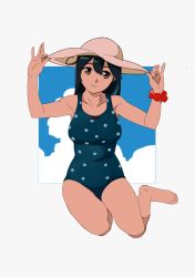 Rule 34 | 1girl, ahoge, barefoot, blue hair, blue one-piece swimsuit, breasts, brown eyes, hands on headwear, hat, kantai collection, large breasts, long hair, ojipon, one-piece swimsuit, parted lips, polka dot, polka dot swimsuit, scrunchie, simple background, sitting, solo, swimsuit, ushio (kancolle), wrist scrunchie