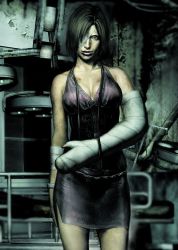 Rule 34 | 1girl, 3d, bandage over one eye, breasts, cast, cleavage, eileen galvin, green eyes, ito masahiro, official art, short hair, silent hill, silent hill (series), silent hill 4: the room, solo