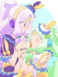 Rule 34 | 2girls, blue wings, blush, bottle, bow, bracelet, closed eyes, closed mouth, clothing cutout, commentary request, dress, feeding, green hair, hand on another&#039;s shoulder, hat, hat feather, headphones, highres, ikzw, janis (pripara), jewelry, jewlie (pripara), long hair, looking at another, milk bottle, mini hat, multiple girls, parted bangs, pretty series, pripara, puffy short sleeves, puffy sleeves, purple dress, purple eyes, purple hair, short sleeves, shoulder cutout, siblings, sisters, twins, upper body, very long hair, wavy mouth, white dress, wings, yellow bow