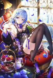 Rule 34 | 1girl, :o, ass, bare shoulders, black dress, black footwear, black jacket, black thighhighs, blue eyes, blue flower, blue hair, blue rose, blush, book, breasts, chair, cleavage, commentary request, cup, dress, emori miku, flower, fur-trimmed jacket, fur trim, glint, hair ornament, highres, holding, holding book, holding cup, jacket, knees up, lamp, large breasts, light particles, liver city, long hair, long sleeves, looking at viewer, neck ribbon, nemusuke, no shoes, off shoulder, official art, open clothes, open jacket, parted lips, petals, puffy sleeves, purple ribbon, ribbon, rose, shoes, unworn shoes, sidelocks, sitting, sleeveless, sleeveless dress, solo, table, teacup, thighhighs, thighs, very long hair, window