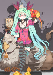 Rule 34 | 1girl, beak, bell, bespectacled, bird, chick, choker, collar, creature, crossover, feathers, gap (touhou), glasses, green eyes, green hair, griffin, hair ornament, hairclip, hatsune miku, highres, katamari damacy, long hair, looking at viewer, mario (series), matching hair/eyes, multiple crossover, neck bell, nintendo, owl, patapon, riccae, sitting, skirt, smile, solo, striped clothes, striped thighhighs, super mario bros. 1, the prince, thighhighs, touhou, twintails, very long hair, vocaloid, zettai ryouiki, zipper