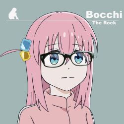 Rule 34 | 1girl, album cover, album cover redraw, blank stare, blue eyes, bocchi the rock!, cover, cube hair ornament, derivative work, el cuarteto de nos, glasses, gotoh hitori, grey background, hair ornament, highres, kanekid 14, long hair, parody, pink hair, pink track suit, solo, staring, track suit