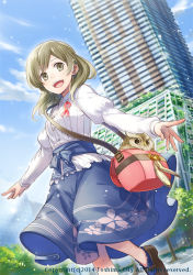 Rule 34 | 1girl, :d, asahikawa hiyori, bag, bird, brown eyes, brown hair, building, copyright request, dutch angle, from below, long hair, looking at viewer, official art, open mouth, original, owl, shoulder bag, smile, solo