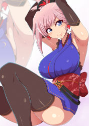 Rule 34 | 1girl, armpits, arms up, asymmetrical hair, autumn leaves, black thighhighs, blue eyes, blush, breasts, closed mouth, earrings, fate/grand order, fate (series), gradient background, highres, japanese clothes, jewelry, large breasts, leaf earrings, long hair, looking at viewer, miyamoto musashi (fate), miyamoto musashi (first ascension) (fate), obi, pink hair, ponponmaru, sash, smile, solo, thighhighs, zoom layer