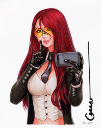 Rule 34 | 1girl, ahoge, alternate hairstyle, between breasts, blue eyes, breasts, cellphone, cleavage cutout, clothing cutout, crimson viper, dated, finger to mouth, gloves, hair down, large breasts, lips, lipstick, long hair, makeup, marker (medium), midriff, necktie, necktie between breasts, omar dogan, orange-tinted eyewear, orange-tinted glasses, phone, red hair, selfie, safety glasses, shushing, signature, solo, street fighter, street fighter iv (series), sunglasses, tinted eyewear, traditional media, yellow-tinted eyewear