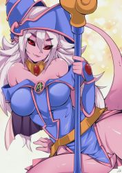 Rule 34 | 1girl, absurdres, android 21, artist request, black sclera, breasts, colored sclera, colored skin, cosplay, dark magician girl (cosplay), delux drawings, dragon ball, dragon ball fighterz, dress, elbow gloves, gloves, gold choker, hat, highres, holding, holding staff, jewelry, long hair, looking at viewer, majin android 21, pentagram, pink skin, pointy ears, pussy, red eyes, signature, smile, solo, staff, strapless, strapless dress, white hair, yu-gi-oh!