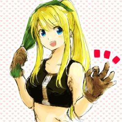 Rule 34 | !, !!, 1girl, blonde hair, blue eyes, fullmetal alchemist, gloves, heart, heart background, kerchief, long hair, looking at viewer, ok sign, open mouth, ponytail, simple background, solo, tank top, tsukuda0310, white background, winry rockbell