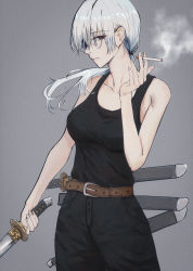 Rule 34 | 1900chen, 1girl, belt, black tank top, chainsaw man, cigarette, eyepatch, hair over eyes, highres, holding, holding cigarette, holding weapon, katana, knife, long hair, looking at viewer, ponytail, quanxi (chainsaw man), smoking, solo, sword, tank top, weapon, white hair